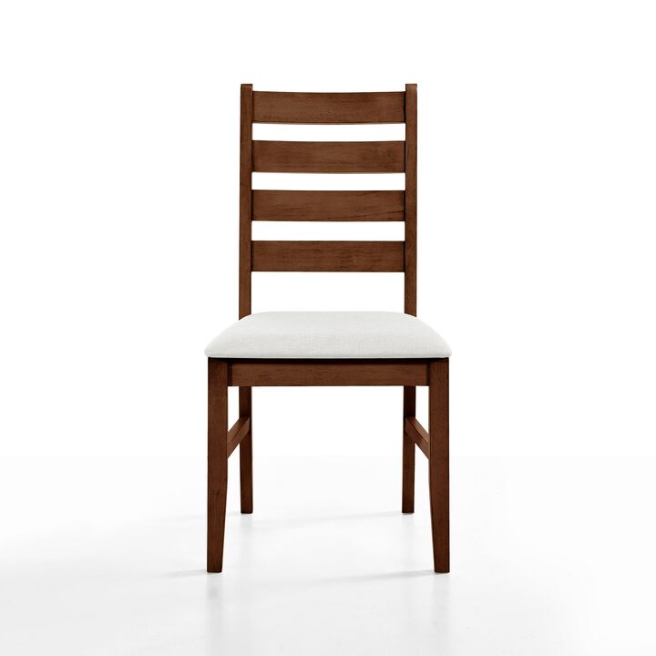 Accai Dining Chair Set of 2, Beige Polyester, Walnut Brown Rubberwood - Benzara