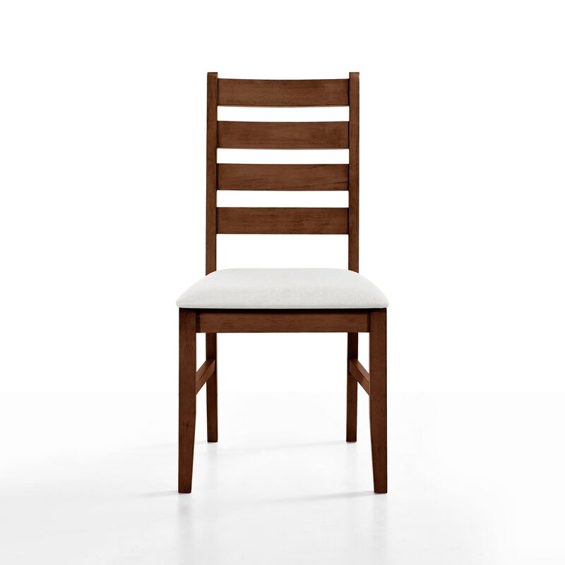 Accai Dining Chair Set of 2, Beige Polyester, Walnut Brown Rubberwood - Benzara