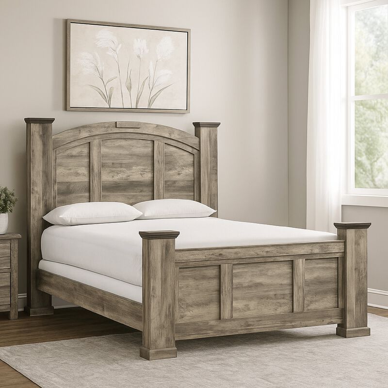 Elaya King Panel Bed, Arched Crown Headboard, Weathered Gray Wood