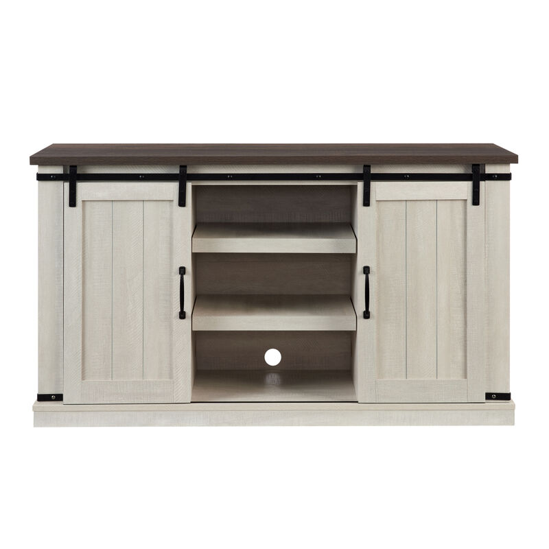 Classic Farmhouse Media TV Stand Transitional Entertainment Console for TV Up to 60" with Sliding Doors and Open Storage Space, Light Gray, 54.5" Wx15.75" Dx30.5" H