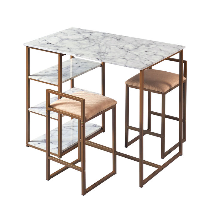 Teamson Home - Marmo  Breakfast Table Dining  Set with Faux Marble Top, Brass Finish