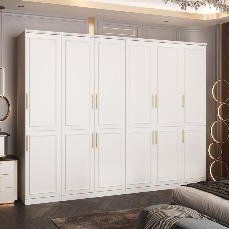FUFU&GAGA Luxury Wardrobe Armoire with Glass Doors, Hanging Rods and Shelves, Anti-Tip Design, Solid and Engineered Wood, (94.8" L x 19.3" W x 74.8" H),White