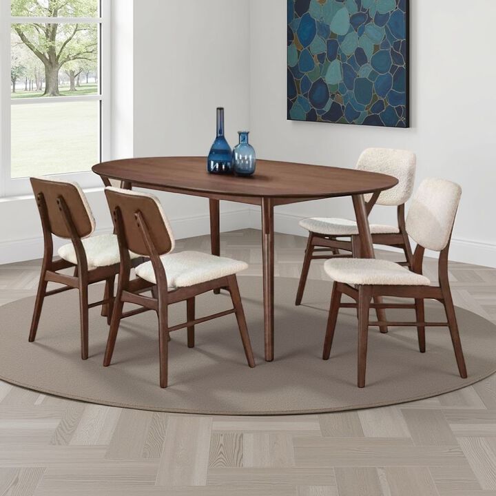 Lexy 5pc Dining Table and 4 Chair Set, Beige Boucle Seats, Walnut Brown