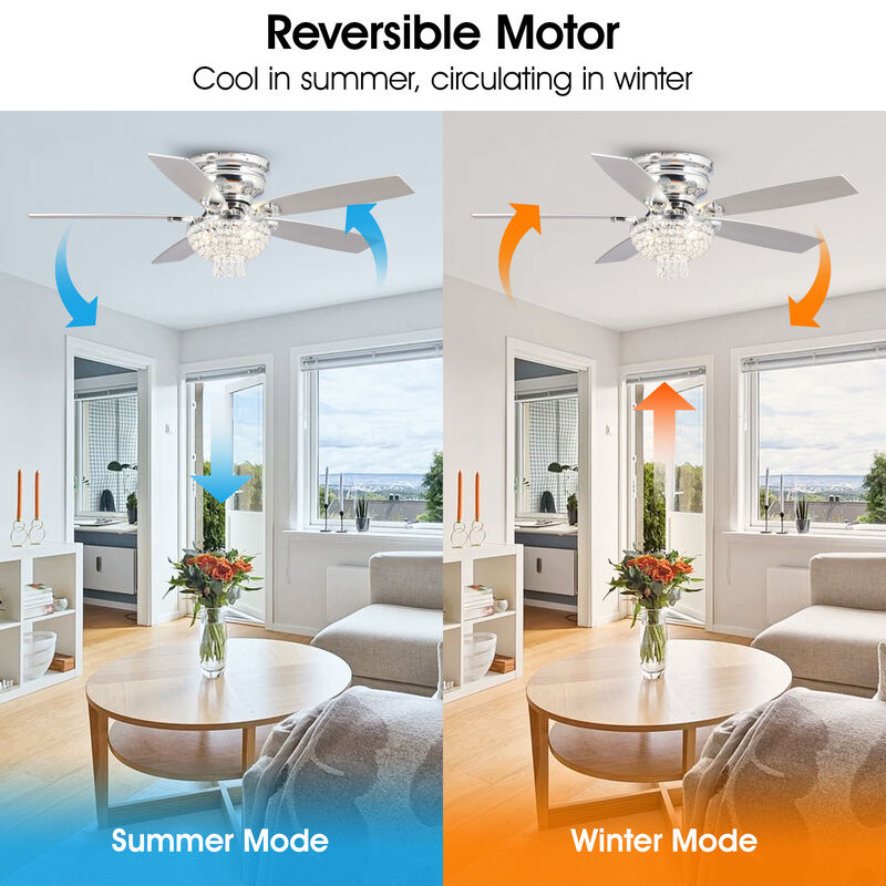 52" Modern Chrome Low Profile Crystal Ceiling Fan with Remote and 3-Speed Motor