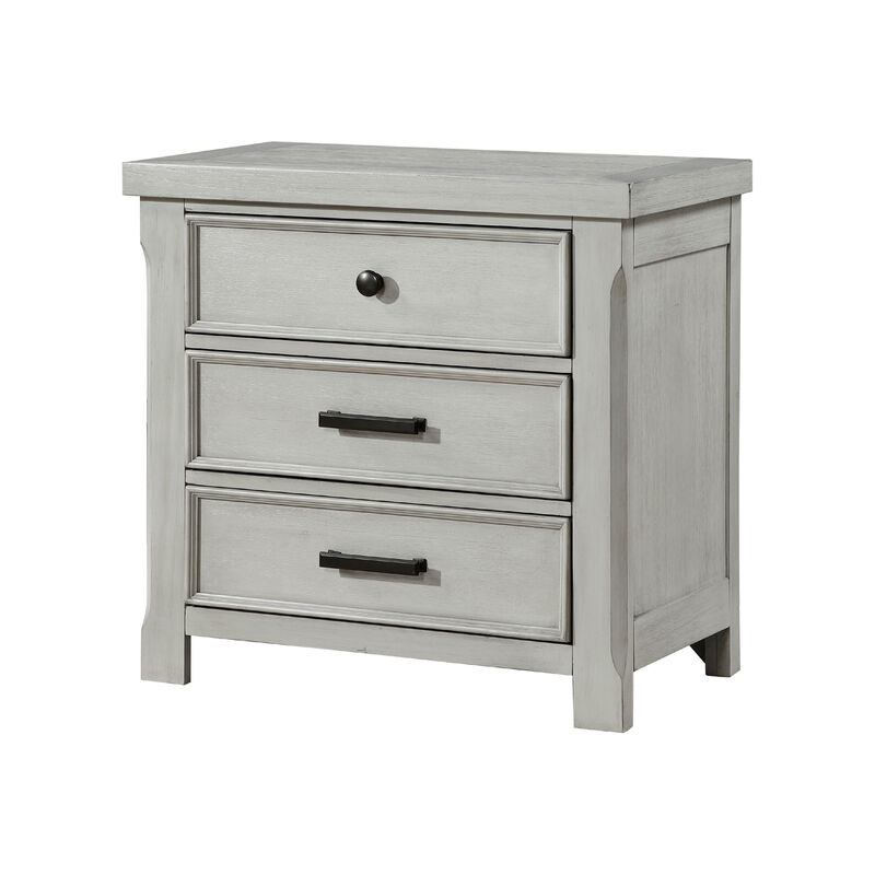 Brok Nightstand, 3 Drawers, Light Gray Acacia Wood, Black Bar Handles - Benzara