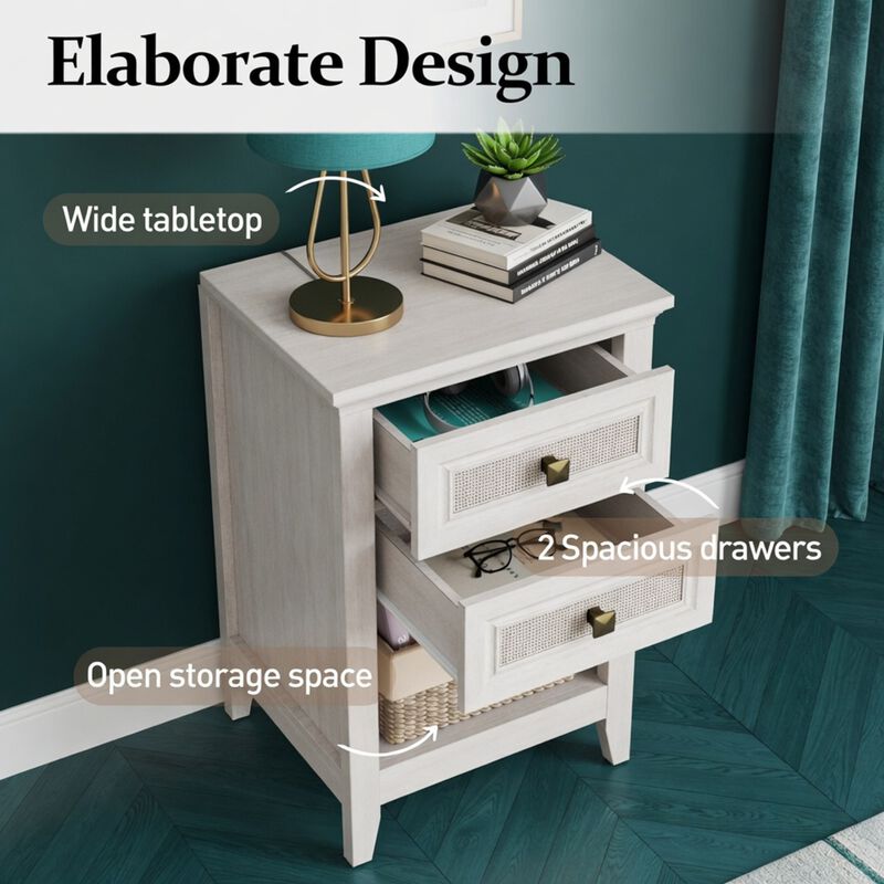 17.7" Assembled Rattan Nightstand 2-Drawer Shelf Boho image number 5