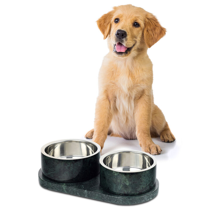 Marbre Modern Weighted Double Marble and Stainless Steel Bowl 12oz (1.5 Cups) Feeder with Non-Slip Marble Tray Set