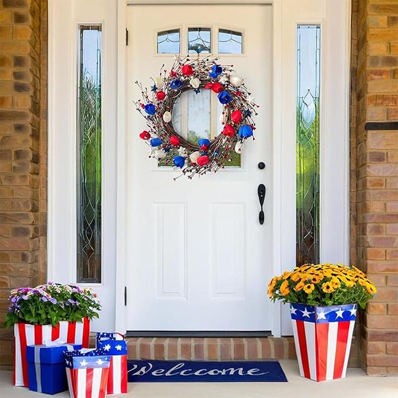 Patriotic Tulip Wreath with Berries and Star Accents for Seasonal Door Decor image number 1