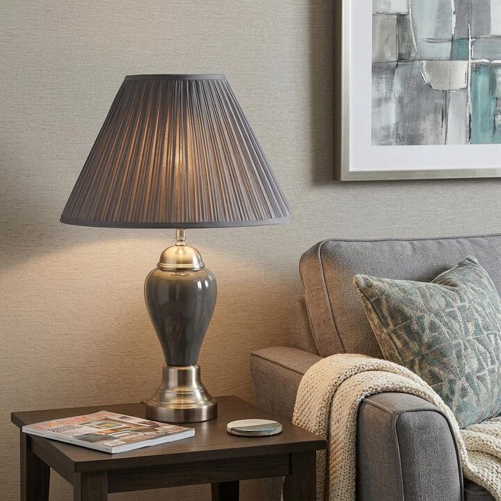 HomeRoots 27" Gray and Silver Metal Urn Table Lamp With Gray Empire Shade