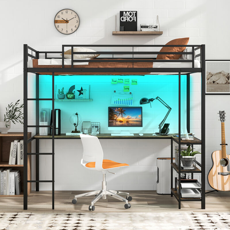 Loft Bed Raised Platform Bed with Desk and 2 Storage Shelves