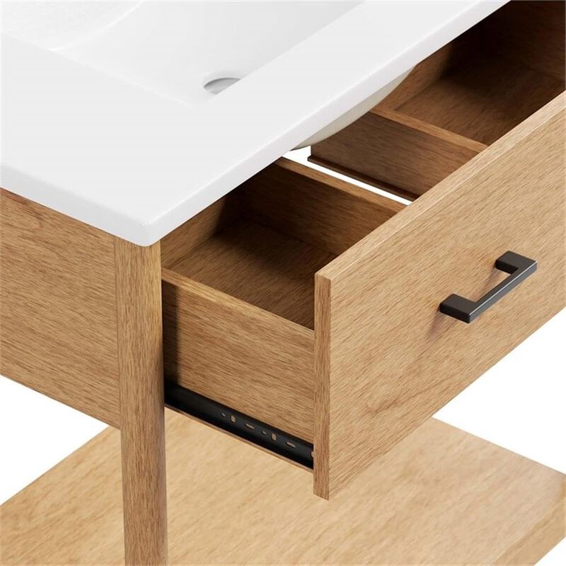 Modway Zaire 30&rdquo; Mid-Century Bathroom Vanity Washstand in Natural White with Ceramic Sink Basin, 30 Inches image number 7