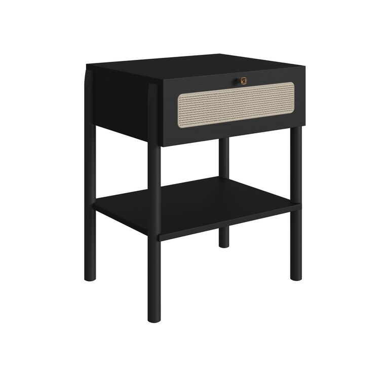 Boho Nightstand  End Table Storage Wood Leg Rattan 1 Drawer -Nero Black
