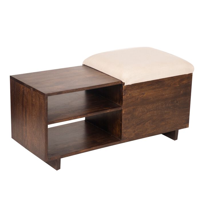 40 Inch Accent Storage Bench, Sliding Cushion Top, Modern, Brown Wood - Benzara