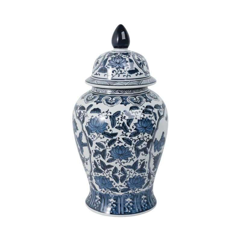 Cer, 18"h Flowers Temple Jar, Blue image number 2