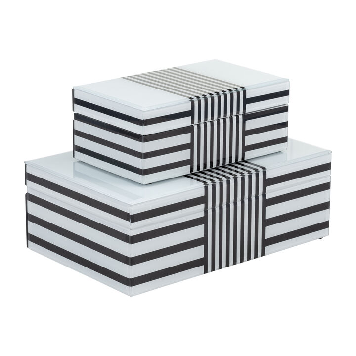 Wood, S/2 8/11" Striped Boxes, Black/white