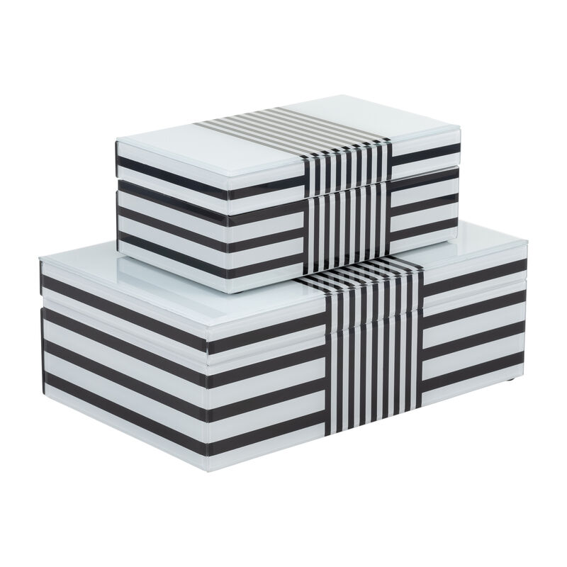 Wood, S/2 8/11" Striped Boxes, Black/white image number 1