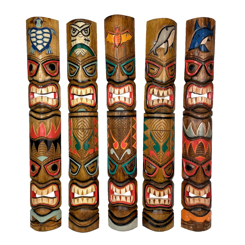 Set of 5 Double Tiki Mask Animal Totem Hand Carved Wall Decor Sculpture 40 Inch image number 0
