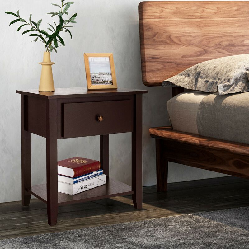 Nightstand with Drawer and Storage Shelf for Bedroom Living Room - Espresso