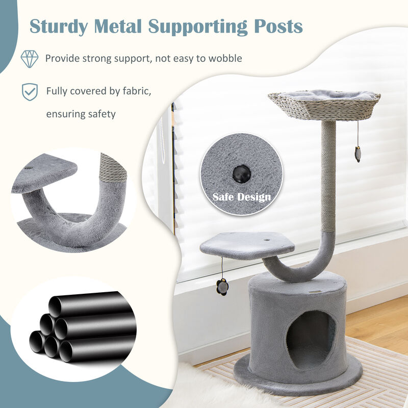 42" Tall Cat Tower with Curved Metal Supporting Frame for Large & Small Cats-Grey