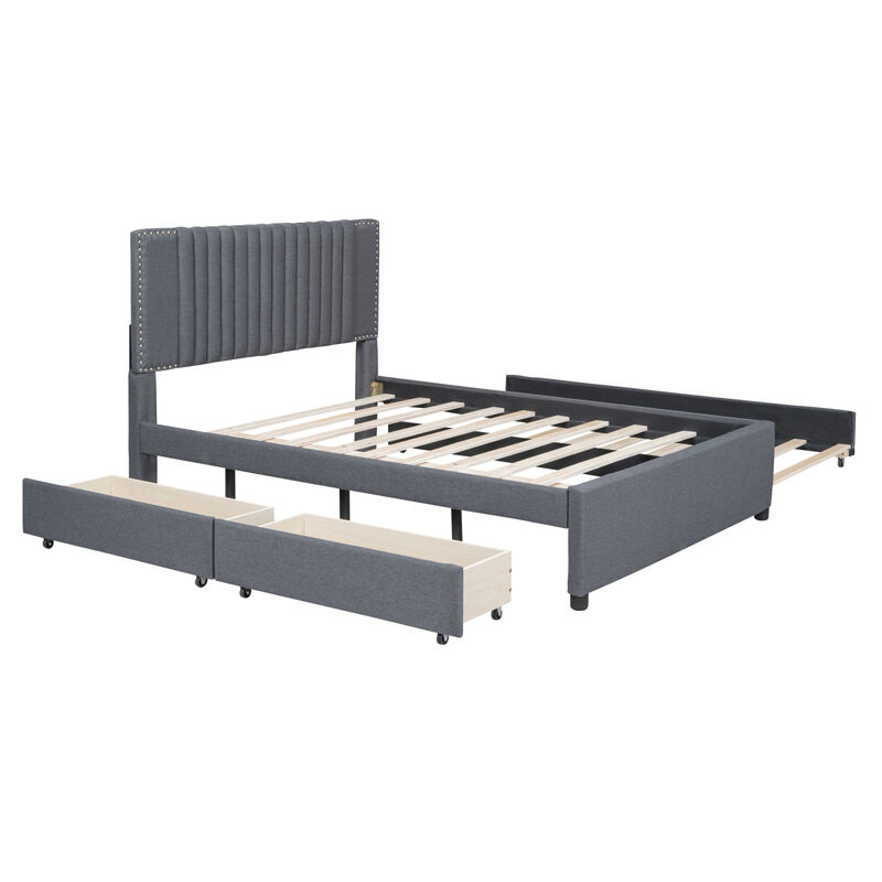 Full Size Upholstered Platform Bed with 2 Drawers and 1 Twin Size Trundle, Classic Headboard Design, Gray