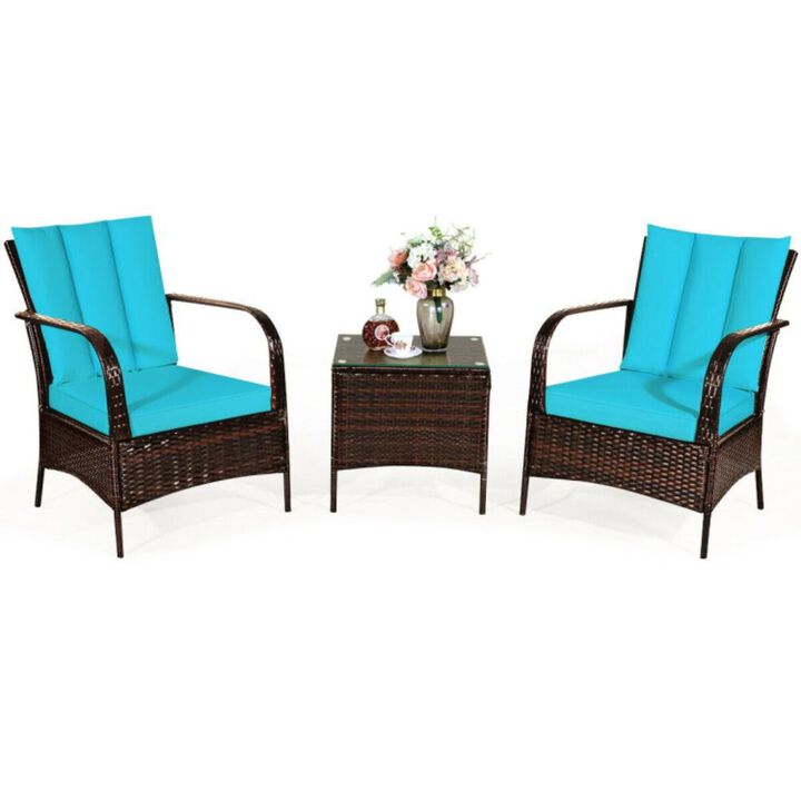 Hivvago 3 Pieces Patio Rattan Conversation Set with Glass Top Coffee Table and Cushions