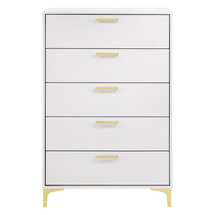 Lif 50 Inch Modern 5 Drawer Tall Dresser Chest, Gold Accents, Smooth White - Benzara
