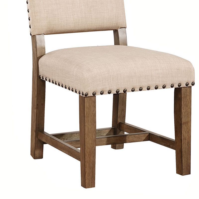 Fabric Upholstered Solid Wood Side Chair, Pack of Two, Beige and Brown-Benzara image number 3