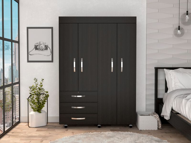 DEPOT E-SHOP Hamilton Mobile Armoire, Double Door Cabinet, Three Drawers, Rods, Two Shelves, Black