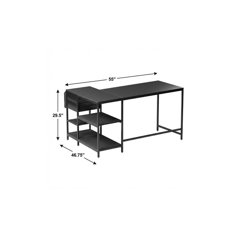 HomeRoots 55" Black Wood and Stainless Steel L Shape Computer Desk With Two Drawers image number 6