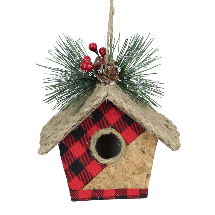 5.75" Red and Black Buffalo Plaid Hanging Bird House Christmas Ornament
