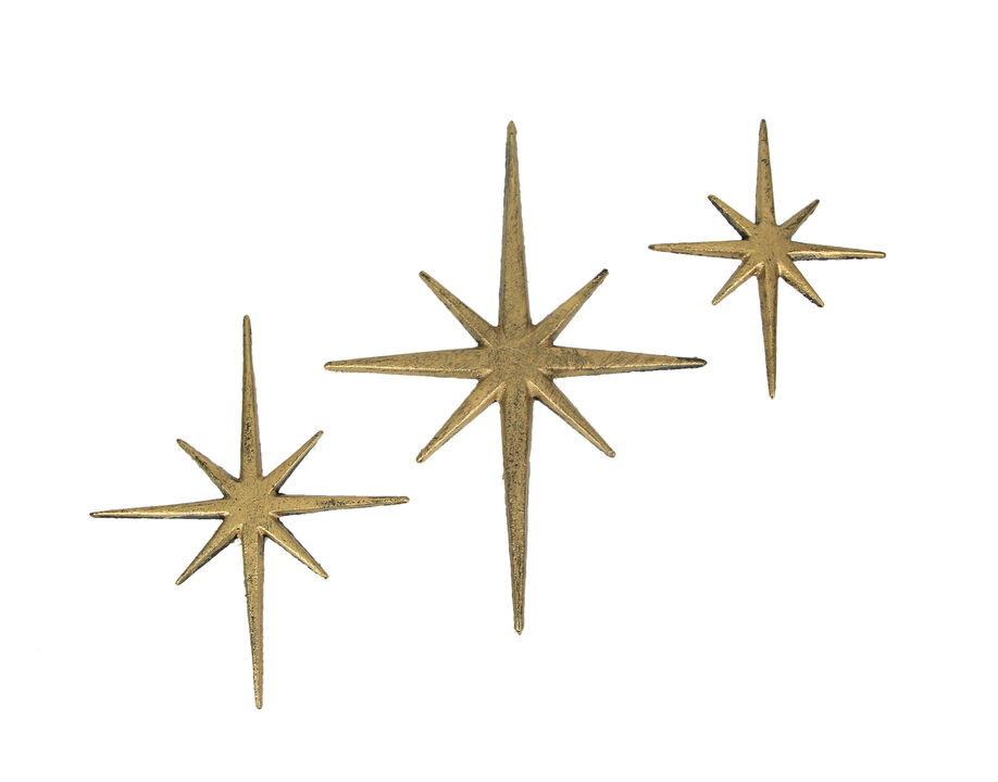 Set of 3 Metallic Gold Cast Iron Starburst Wall Hangings 8 Pointed Stars