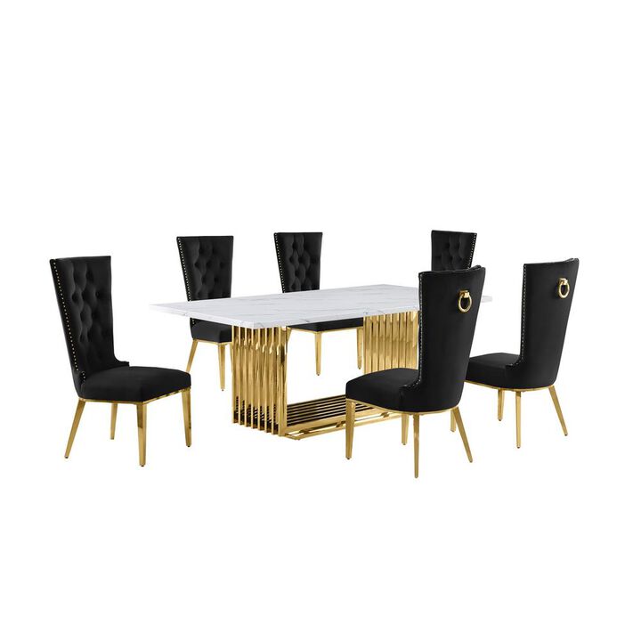 7pc Large(79") marble top dining set with gold base and 6 Black side chairs