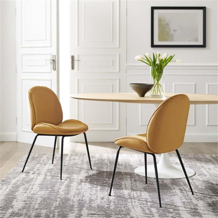 Modway EEI-4635-COG Scoop Black Powder Coated Steel Leg Performance Velvet Dining Chairs - Set of 2, Cognac
