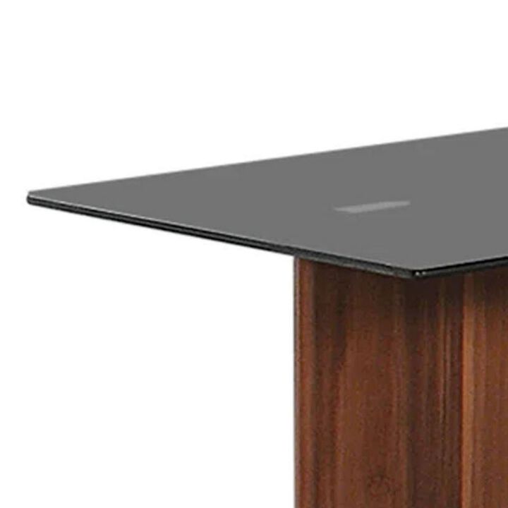 Liam 22 Inch Square Side End Table, Brown Wood, Pedestal Base, Glass Top