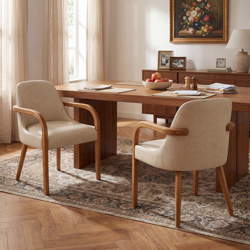 Merax Set of 2 Mid-Century Beige Fabric Dining Chairs image number 1