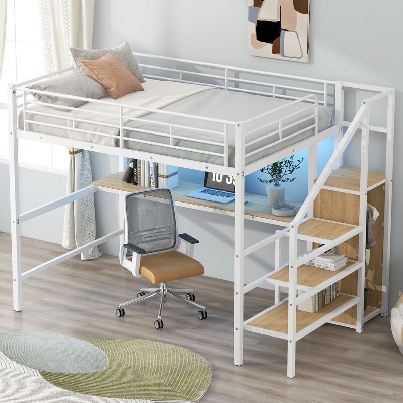 Whisen Full Size Metal Loft Bed with Desk, Storage Staircase, Small Wardrobe and LED Light