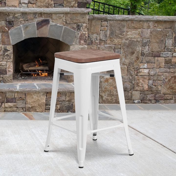 Flash Furniture Lily 24" High Backless White Metal Counter Height Stool with Square Wood Seat