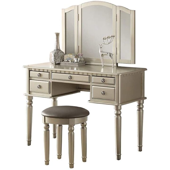 Bedroom Contemporary Vanity Set w Foldable Mirror Stool Drawers Silver Color