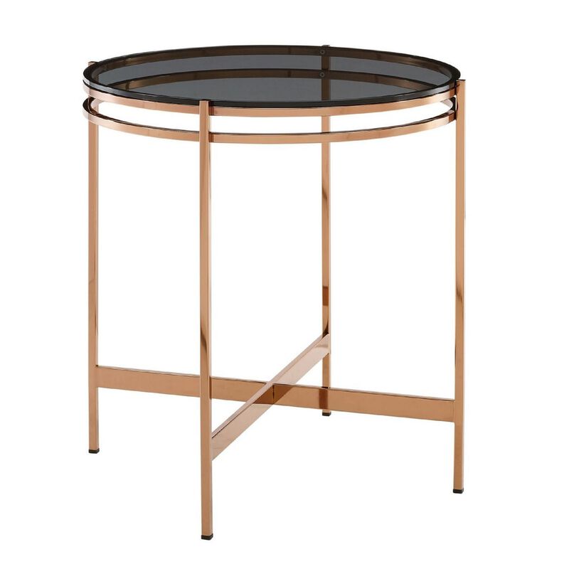 Cid 19 Inch Modern End Table, Black Glass Top, Rose Gold Legs-Benzara image number 1