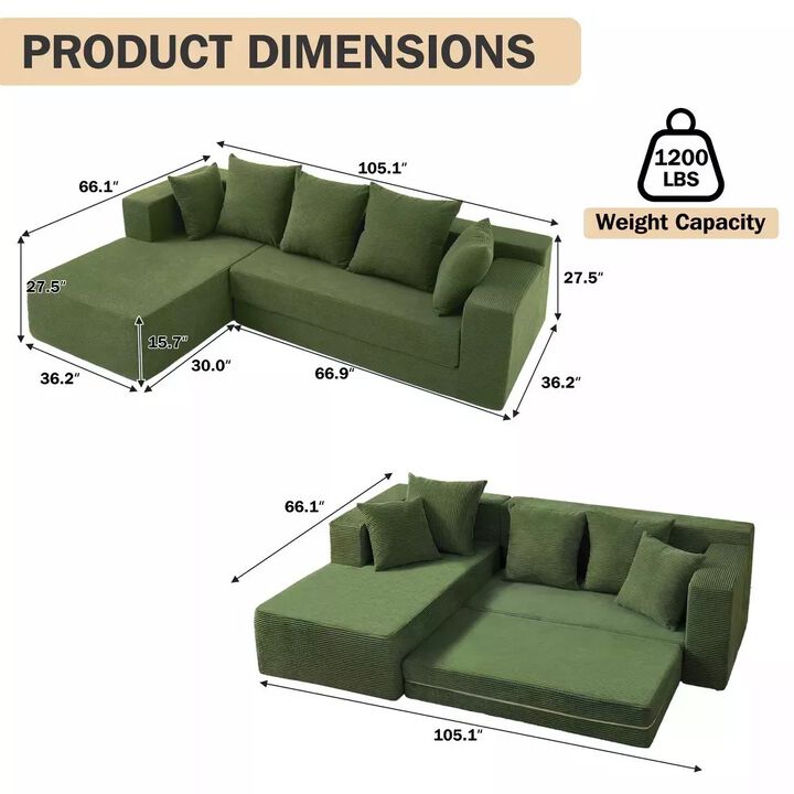 Vipbear 105" Corduroy Modular L-Shaped Sectional Sleeper Sofa Bed with Pull-Out Bed, Boneless Couch