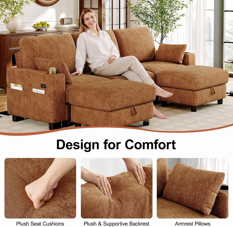 Vipbear 100" Modular Sectional Sofa Chenille 5 Seater U Shaped Couch with Moveable Ottoman image number 2