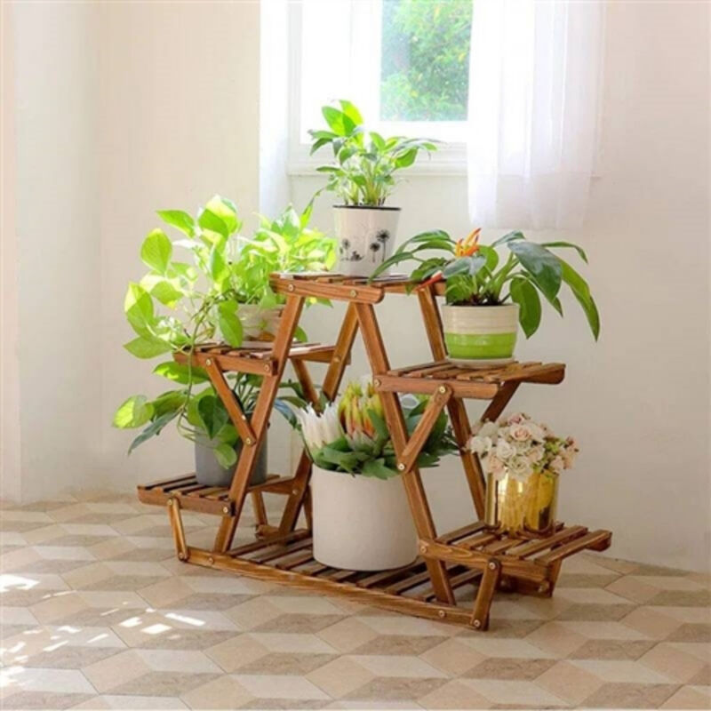 Solid Wood Corner Plant Stand &ndash; 6-Tier Triangular Shelf for Indoor and Outdoor Use