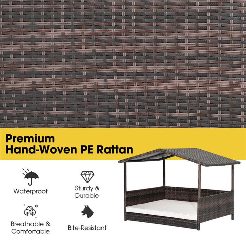Weather-Resistant Outdoor Dog House with Canopy and Cushioned Rattan Bed