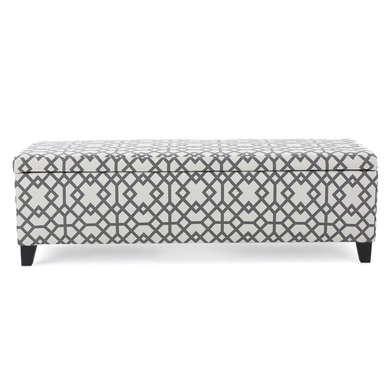 Flash Storage Ottoman Bench, Light Gray Geometric Print Fabric 51 Inch - Benzara