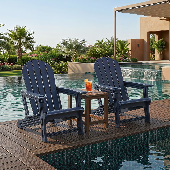 Set of 2 HDPE Adirondack Chairs with Cup Holder Wood Texture for Patio Seating