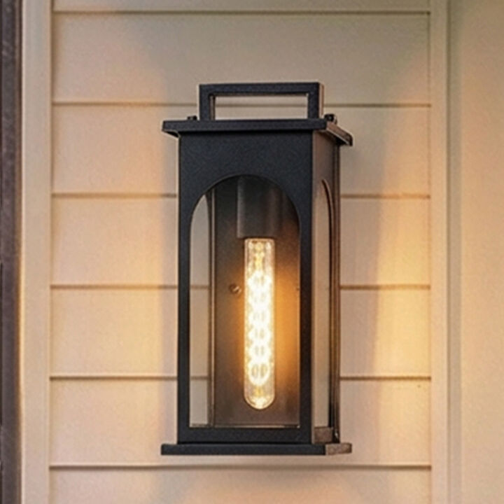 1-Light Modern 13 Inch Outdoor Wall Lantern Black Exterior Sconce with Clear Tempered Glass & Dusk-to-Dawn Sensor for Front Door Porch Light