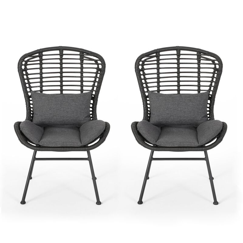 Outdoor Round Accent Chair Set of 2, Gray Faux Rattan, Black Iron