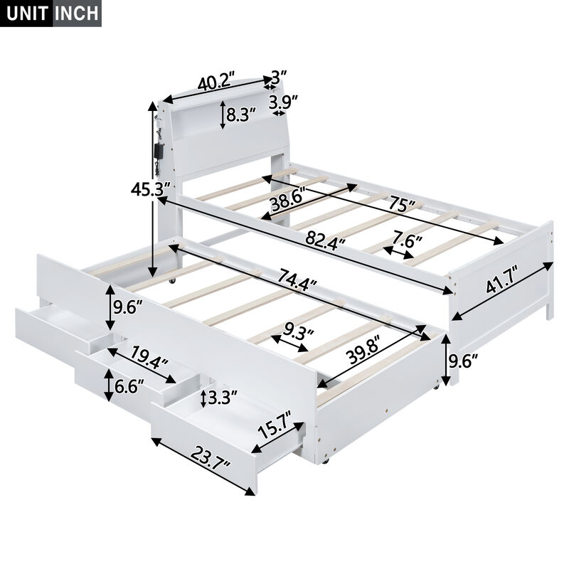 Merax White Platform Bed with LED Headboard, Trundle & Drawers image number 4