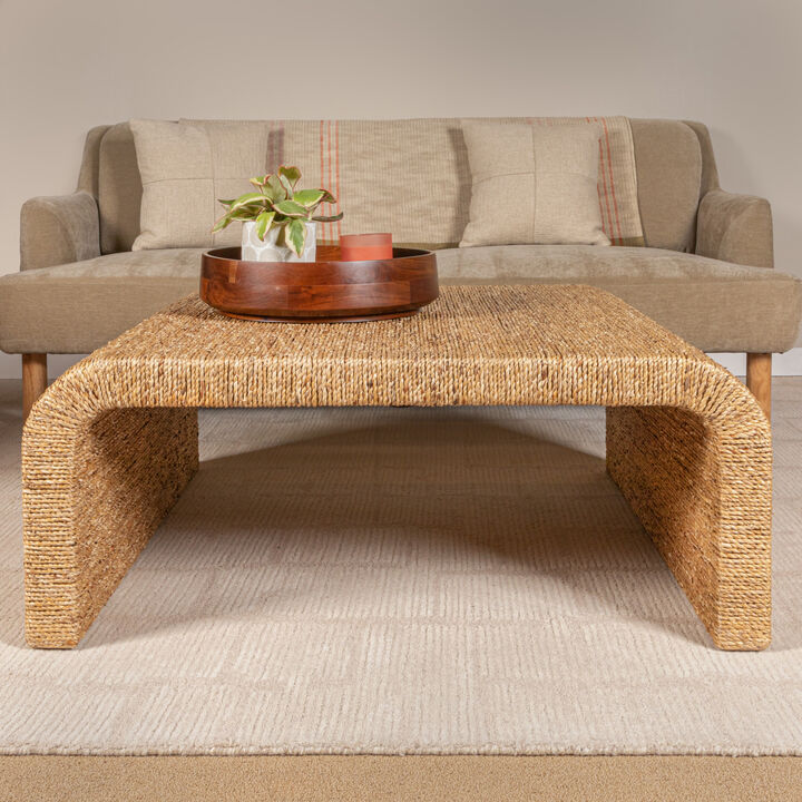 Woven Water Hyacinth & Acacia Wood Coffee Table with Waterfall Edge, Large