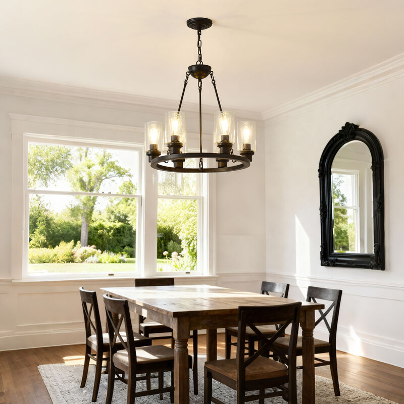 ELEMENT ACE Rustic Wagon Wheel Chandelier with Adjustable Chains and Seeded Glass Shade Lighting Fixture image number 1